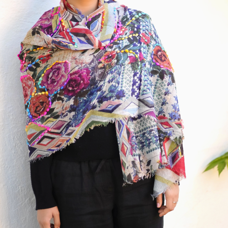 Gul Embroidered Floral Wool Scarf/Wrap, Multi
