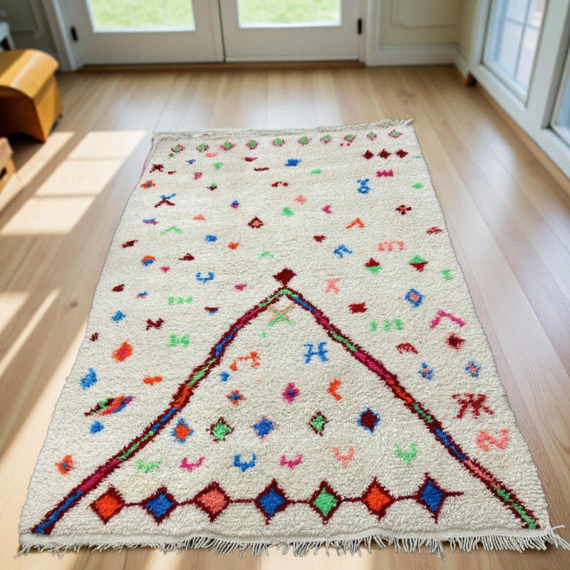 Hand Woven Tribal Moroccan Rug, Ivory/Multi, 5x8