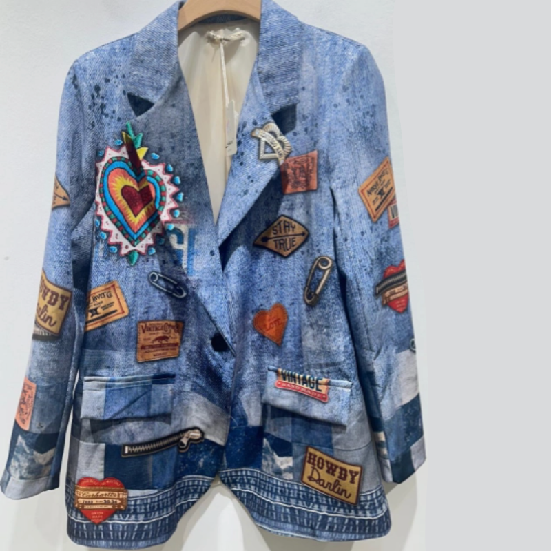 Italian Denim Pop Art Patchwork Blazer