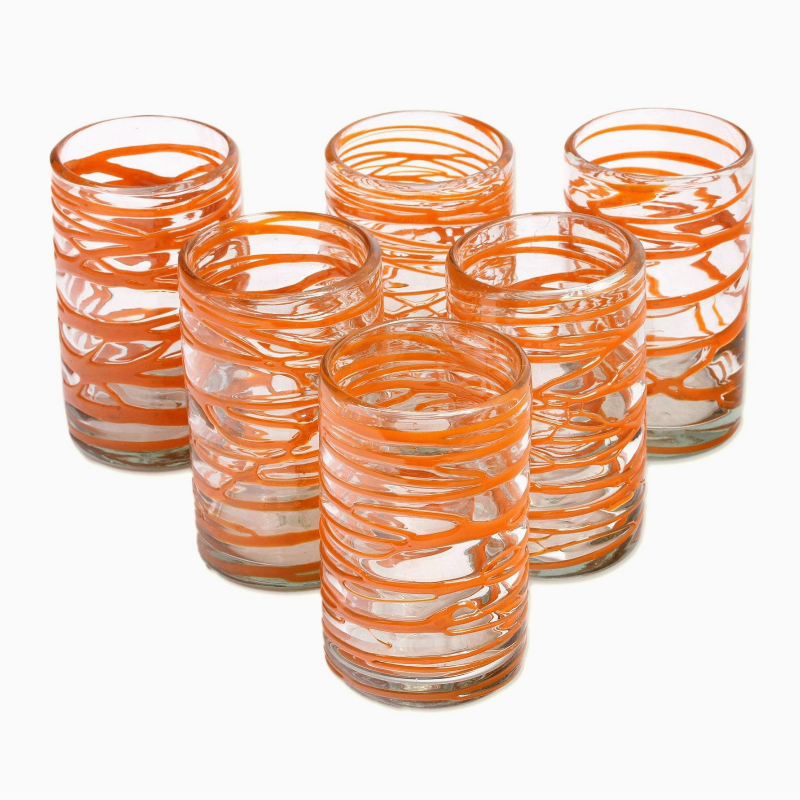 Blown Glass Water Glasses, Tangerine, Set of 6