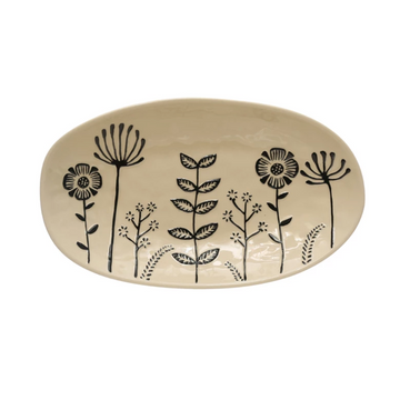 Hand-Painted Stoneware Platter w/Embossed Flowers