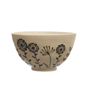 Hand-Painted Stoneware Serving Bowl w/Embossed Flowers