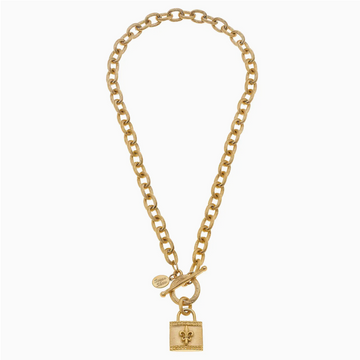 Gold Fleur De Lis Lock Chain Toggle Necklace