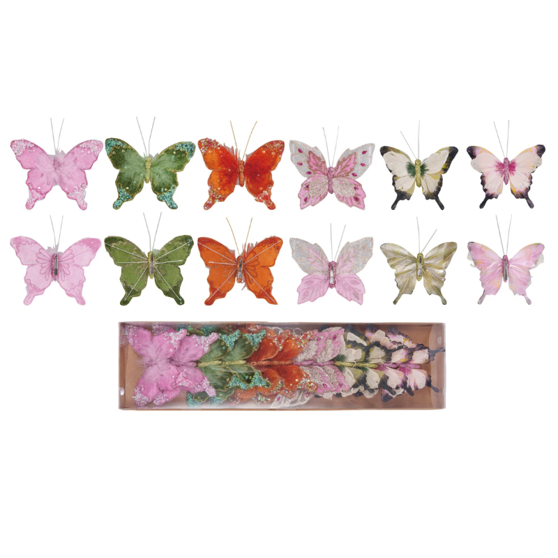 Feather Butterfly Clip-on Ornaments, Set of 12