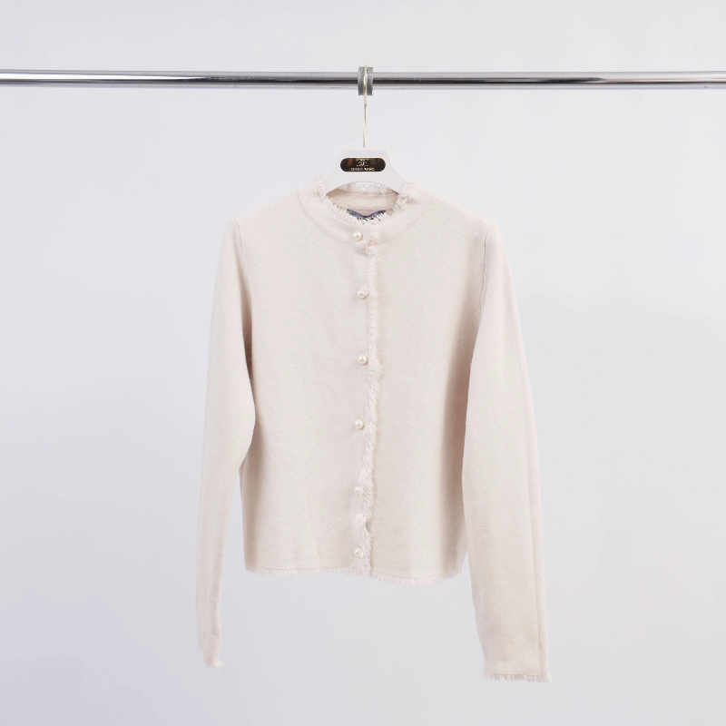 Pearl Button Round Neck Sweater Jacket, Ivory