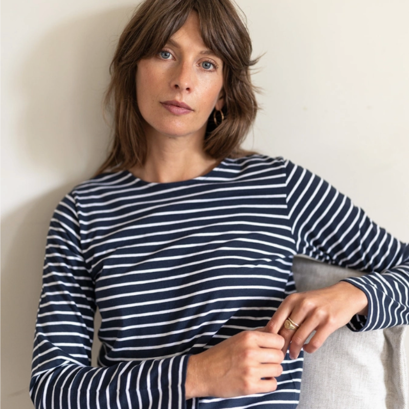 Layla Organic Cotton White Breton T-Shirt