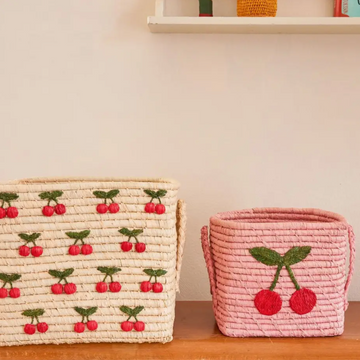 Square Raffia Basket, Big Cherry, Pink