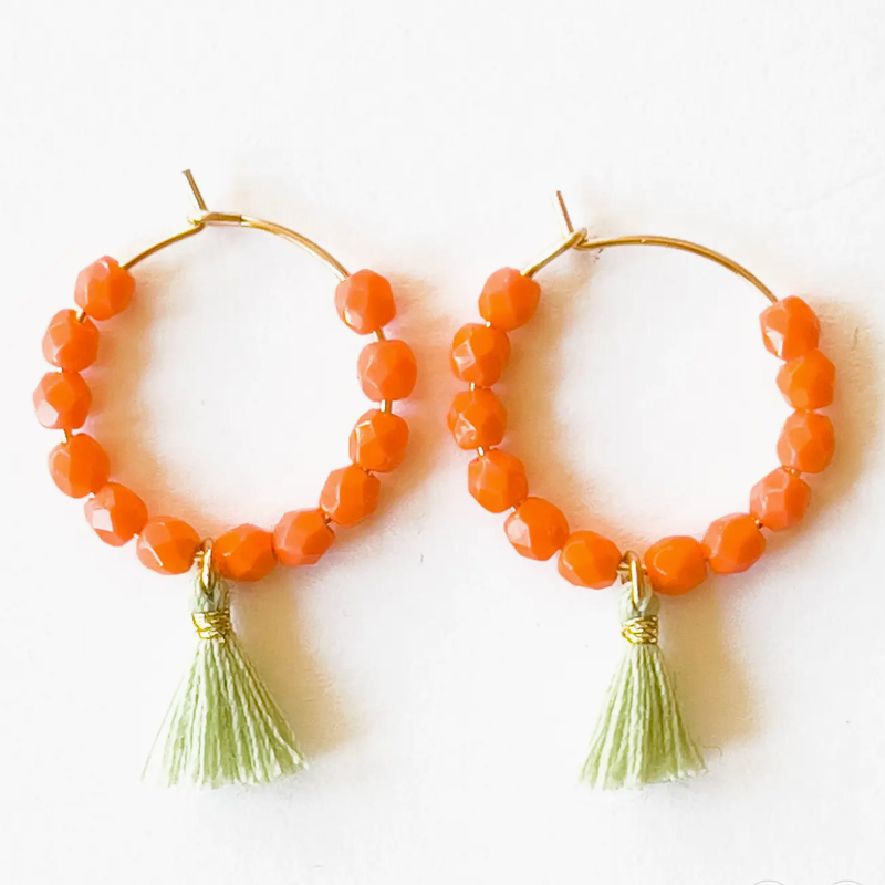 Small Hoop Earrings with Beads & Tassels