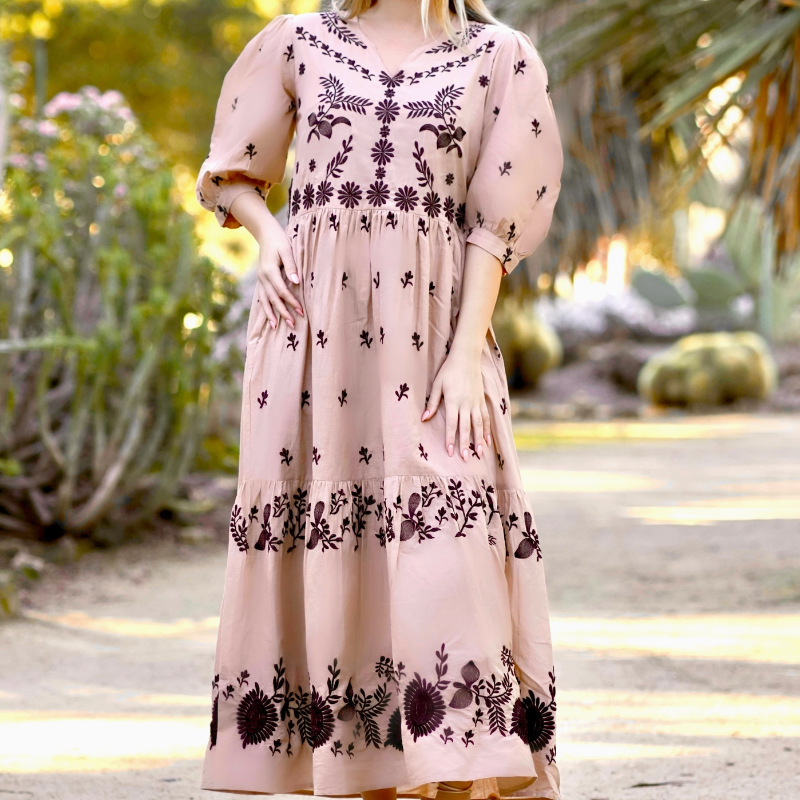 Puff Sleeve Maxi Dress, Sand/Black