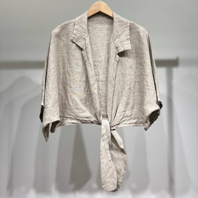 Cropped Tied Linen Blouse, Beige