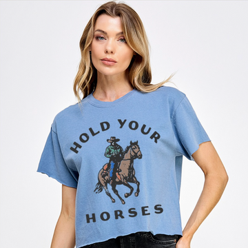 Hold Your Horses Vintage Graphic Crop Top, Blue Jean
