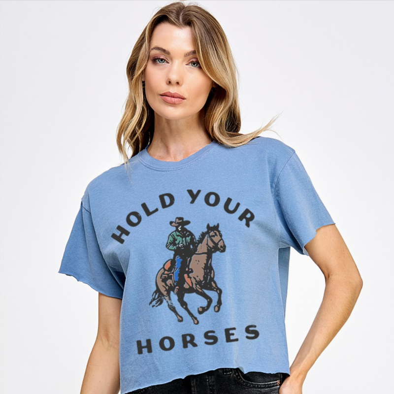 Hold Your Horses Vintage Graphic Crop Top, Blue Jean