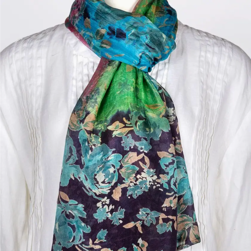Eliza Floral Silk Scarf, Navy
