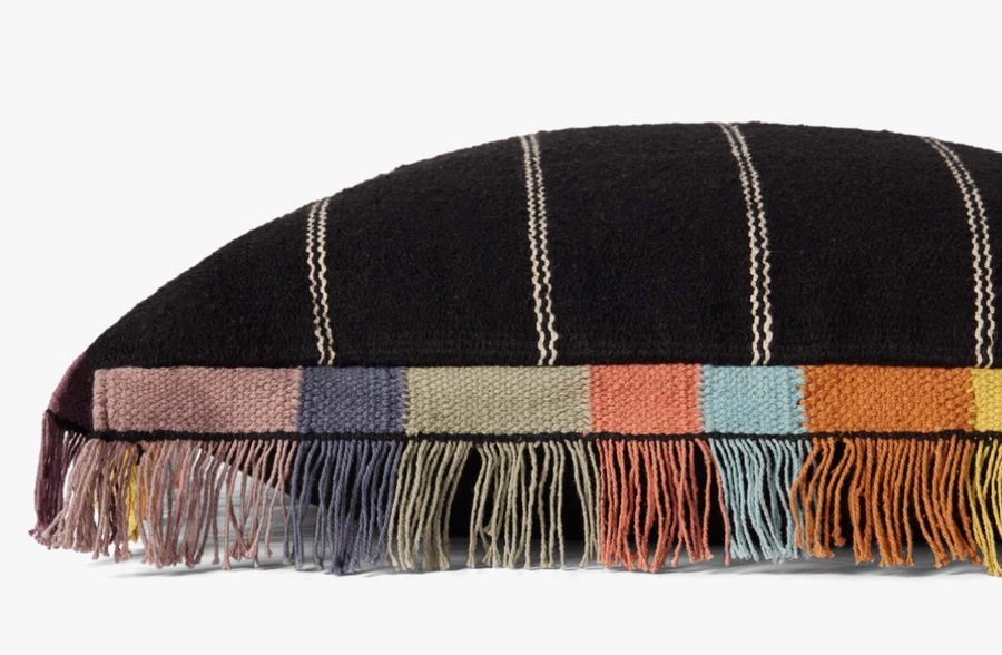 Hand Woven Pillow with Fringe, Black/Multi, 22x22