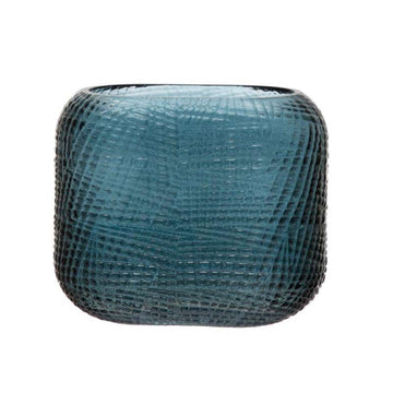 Moulded Glass Rectangle Vase, Patterned Blue
