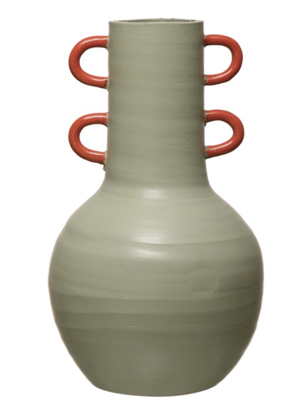 Terracotta Vase w/ Coral Color Handles, Celadon Color