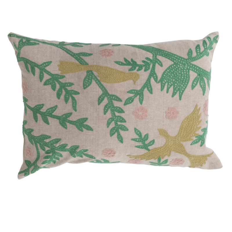 Chambray Lumbar Pillow, Bird Embroidery