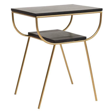 Metal & Mango Wood Table with Shelf, Black, Gold Finish
