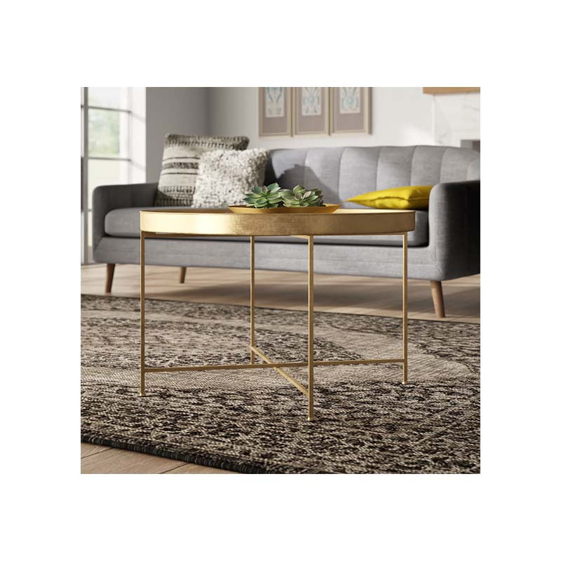 Round Cross Legs Coffee Table, Mirrored Top, Gold