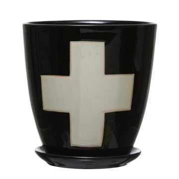 Stoneware Planter, Black with White Swiss Cross