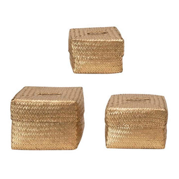 Hand Woven Seagrass Basket with Lids, Gold Color, Set of 3